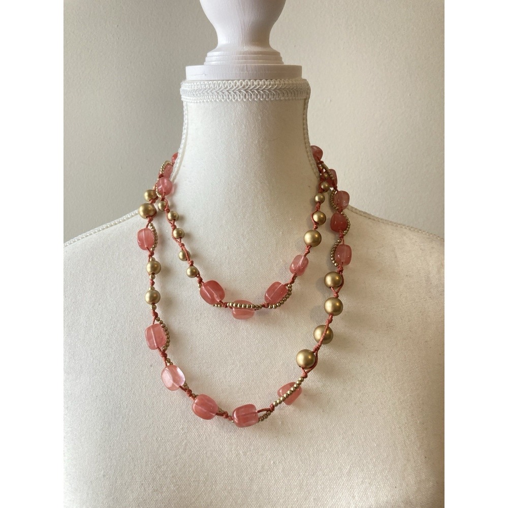 Chico's Romantic Necklace Pretty‎ In Pink & Gold Tone Beads Long Wrapped Whimsy